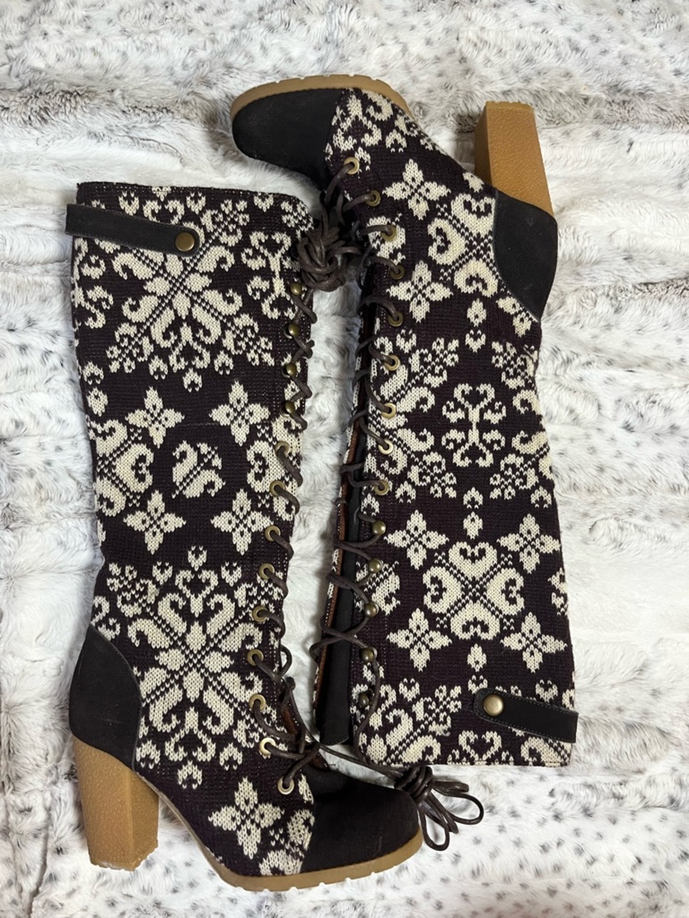 Knee-High Lace-Up Knit Boots in Dark Brown and Cream
